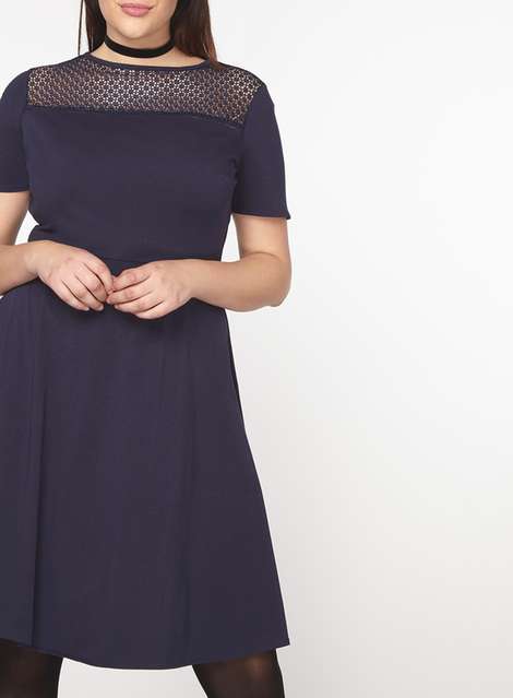 DP Curve Navy Mesh Yoke Fit And Flare Dress